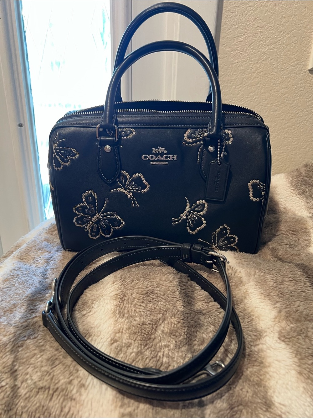 COACH Black Leather Butterfly-Stud Crossbody Satchel